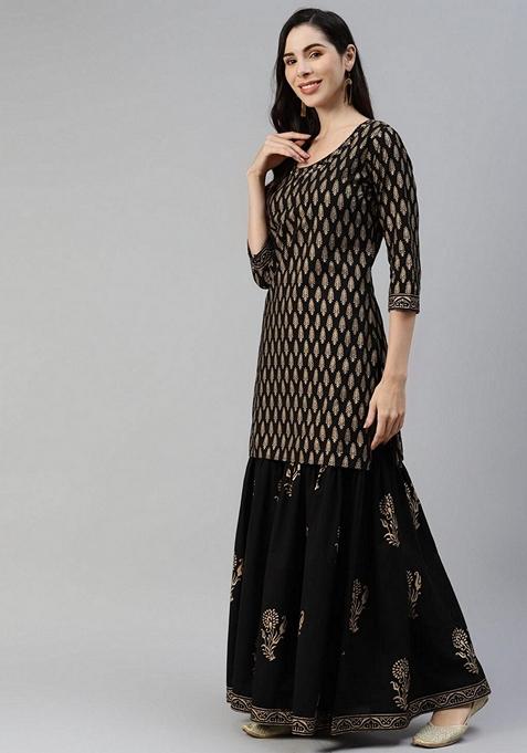Black Printed Cotton Sharara Set