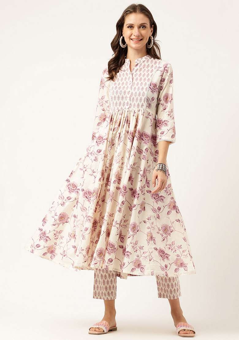 White Floral Print Cotton Anarkali Set - Indya