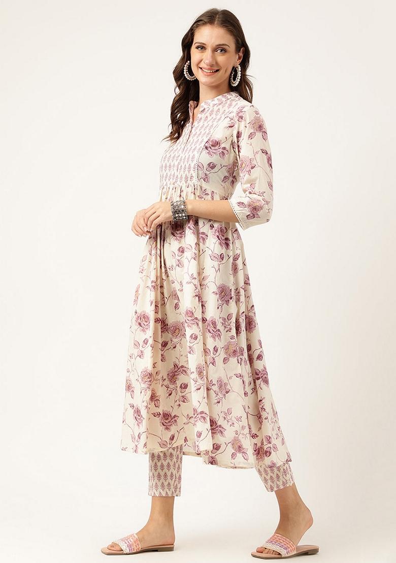 White Floral Print Cotton Kurta Set