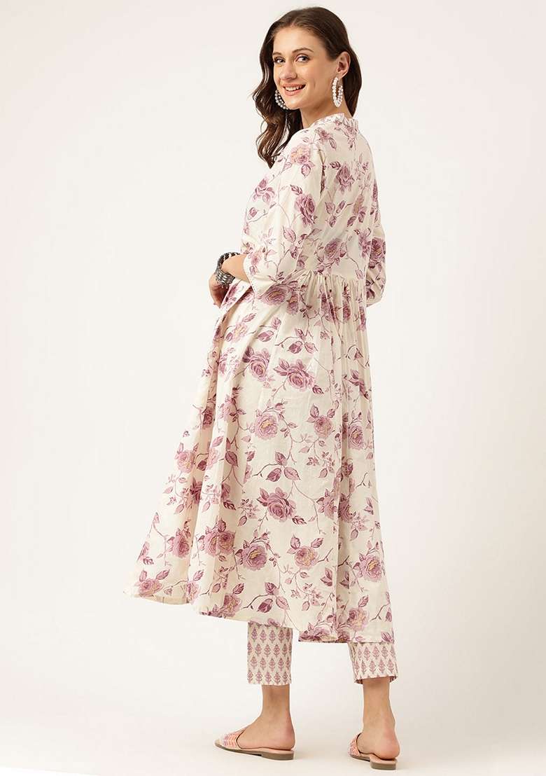 White Floral Print Cotton Anarkali Set - Indya