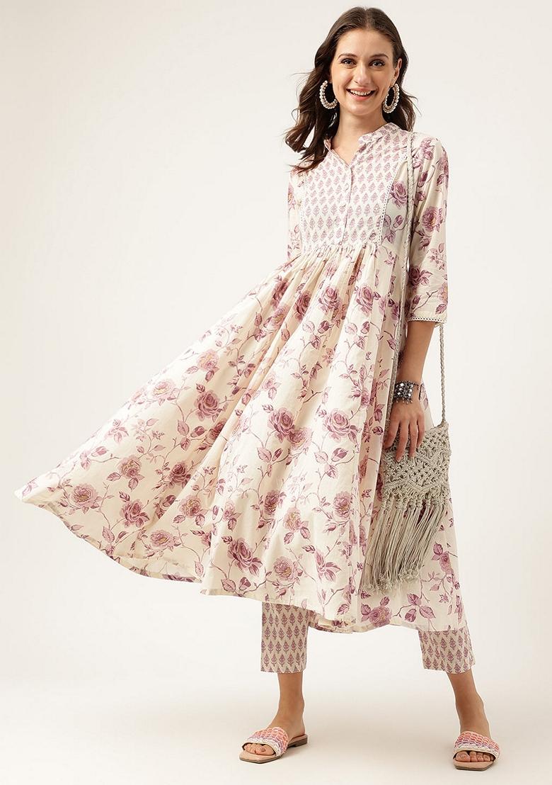 White Floral Print Cotton Kurta Set