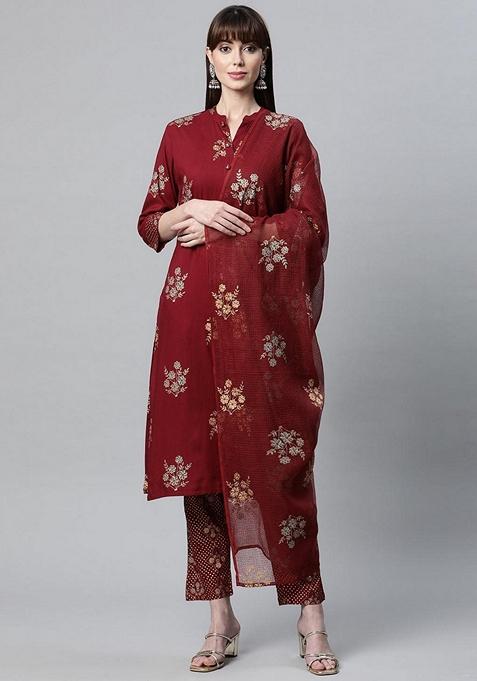 Maroon Printed Rayon Kurta Set