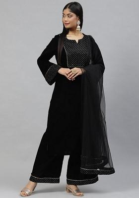 Black Sequin Work Velvet Straight Kurta Set