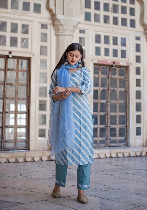 Blue Printed Cotton Kurta Set