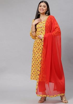 Yellow Floral Print Cotton Kurta Set