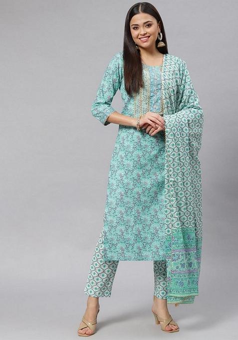 Green Printed Cotton Kurta Set