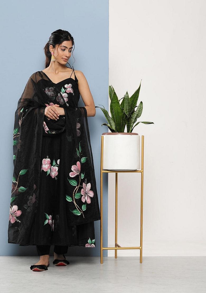 Black Floral Print Organza Anarkali Set - Indya