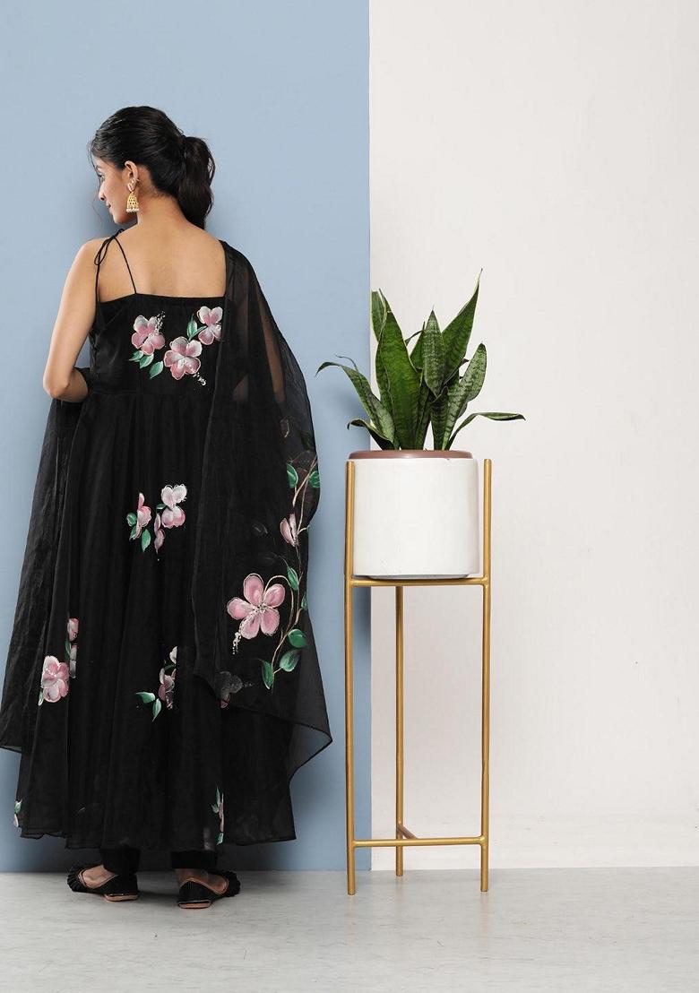 Black Floral Print Organza Anarkali Set - Indya