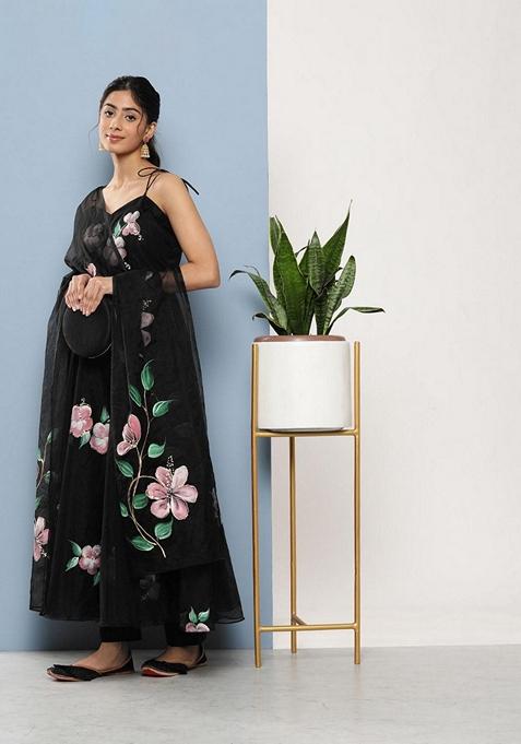 Black Floral Print Organza Anarkali Set