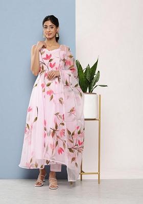 Pink Floral Print Organza Anarkali Set