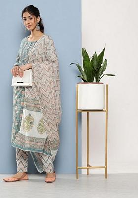 Blue Printed Cotton Kurta Set