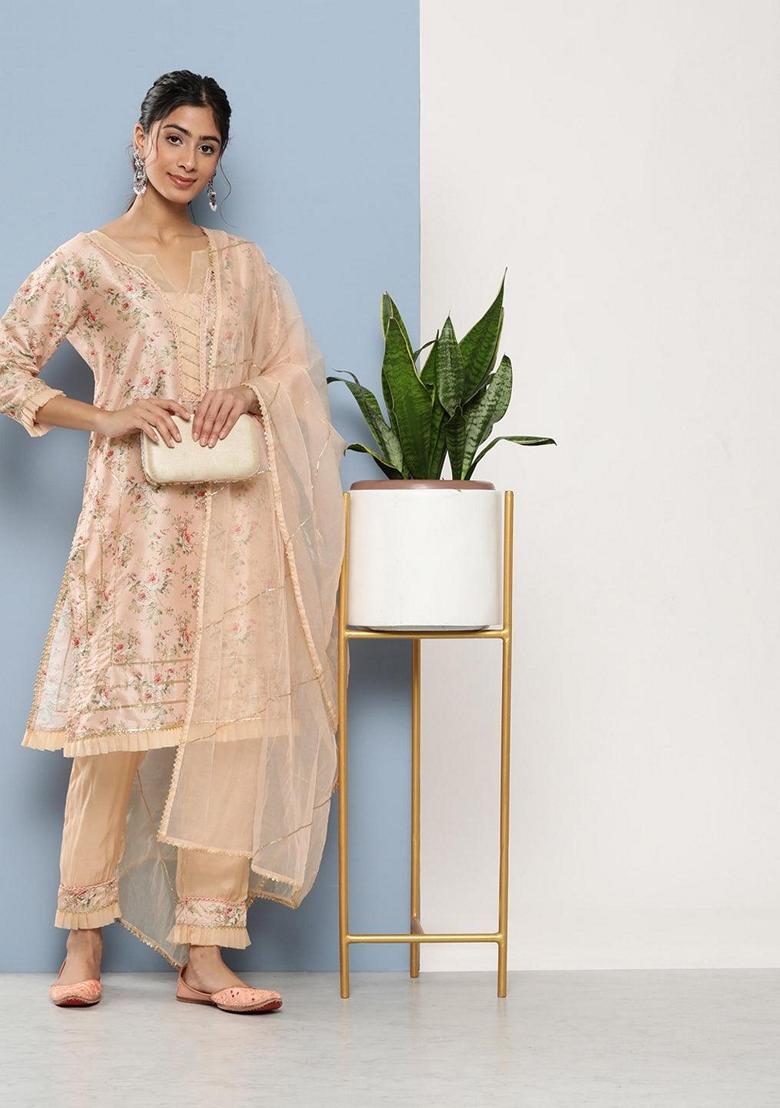 Peach Floral Print Poly Chanderi Kurta Set - Indya