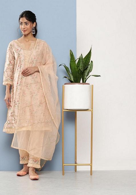 Peach Floral Print Poly Chanderi Kurta Set