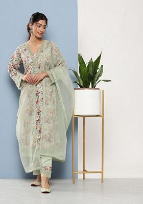 Blue Floral Print Poly Chanderi Kurta Set