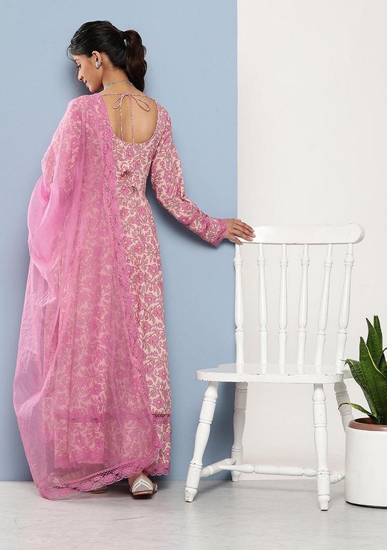 Pink Floral Print Pure Cotton Anarkali Set