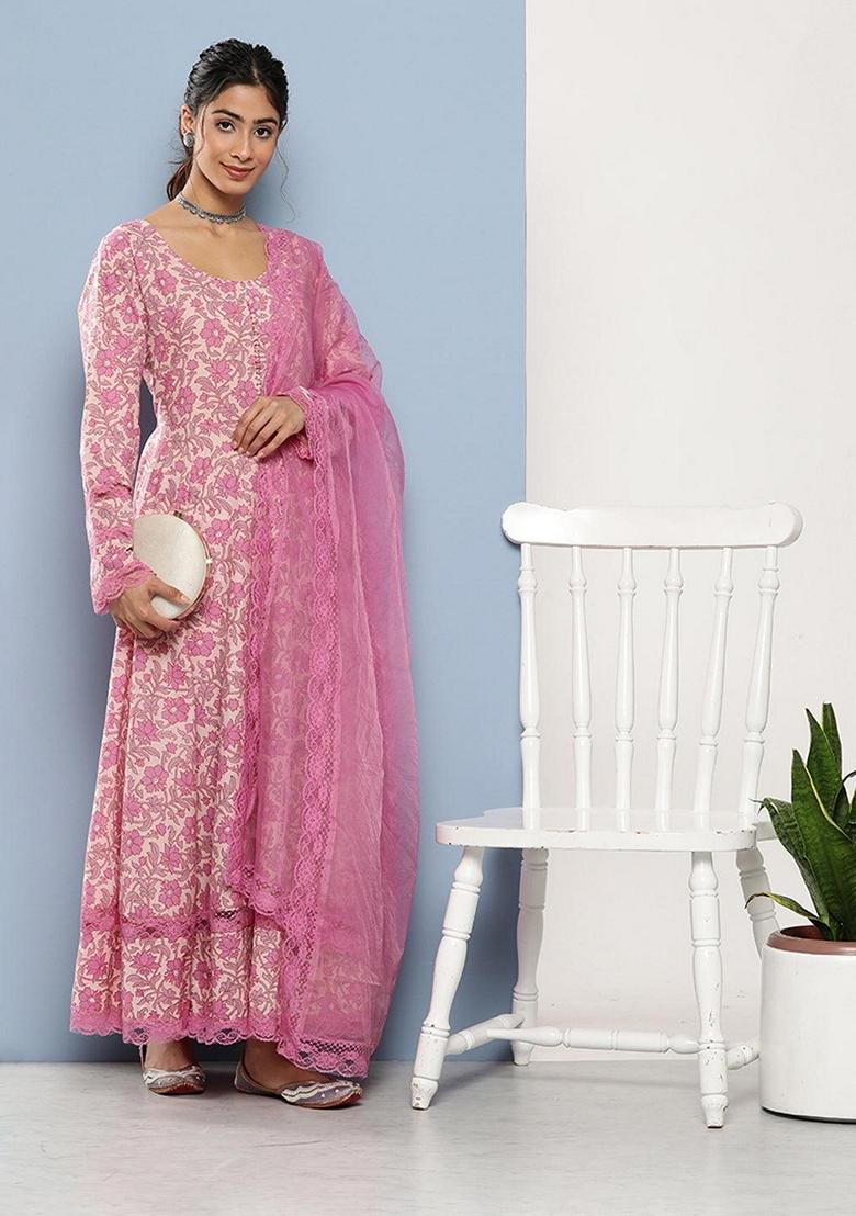 Pink Floral Print Pure Cotton Anarkali Set