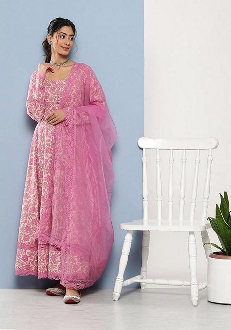 Pink Floral Print Pure Cotton Anarkali Set