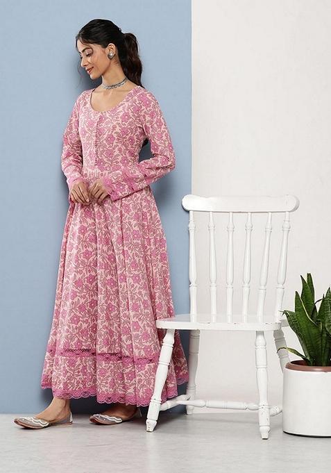 Pink Floral Print Pure Cotton Anarkali Set