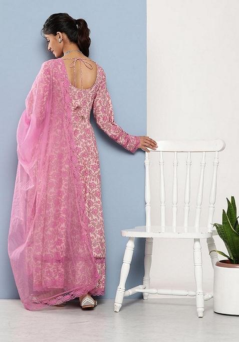 Pink Floral Print Pure Cotton Anarkali Set