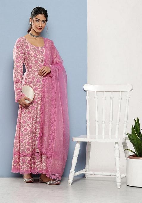 Pink Floral Print Pure Cotton Anarkali Set