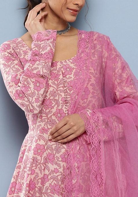 Pink Floral Print Pure Cotton Anarkali Set