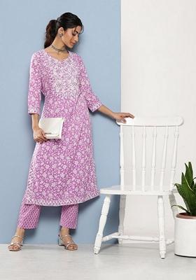 Purple Floral Print Pure Cotton Kurta Set