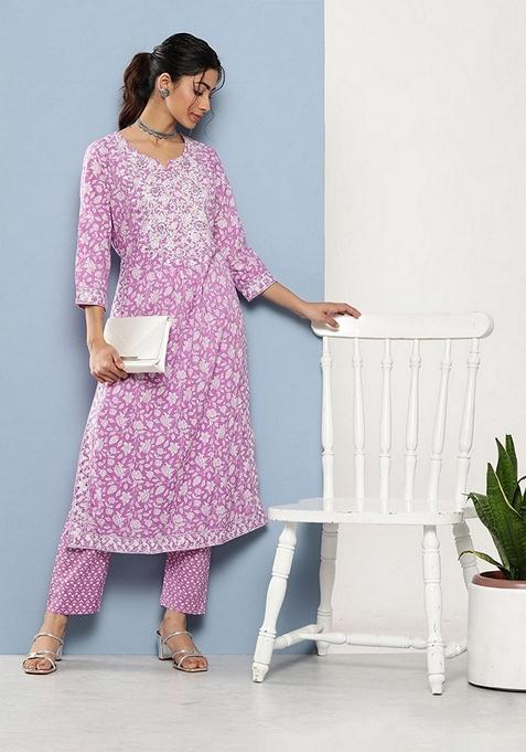 Purple Floral Print Pure Cotton Kurta Set