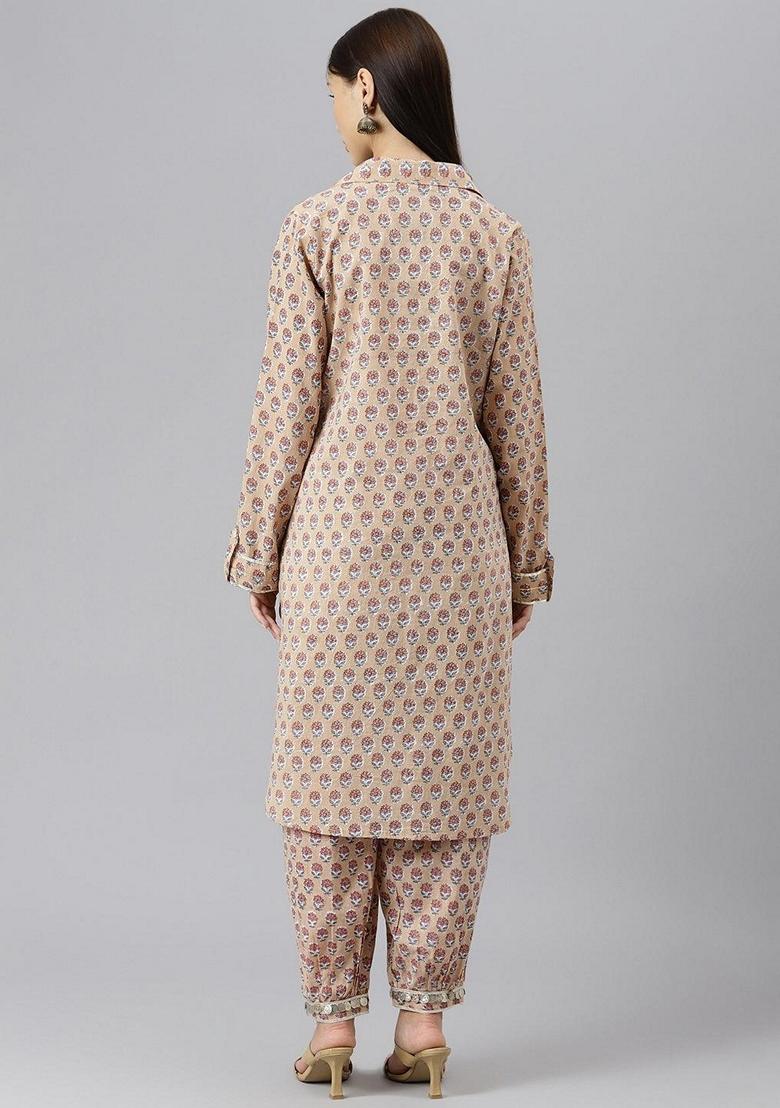 Beige Printed Cotton Kurta Set - Indya