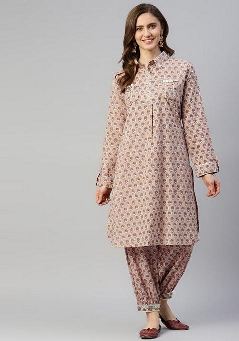 Beige Printed Cotton Kurta Set