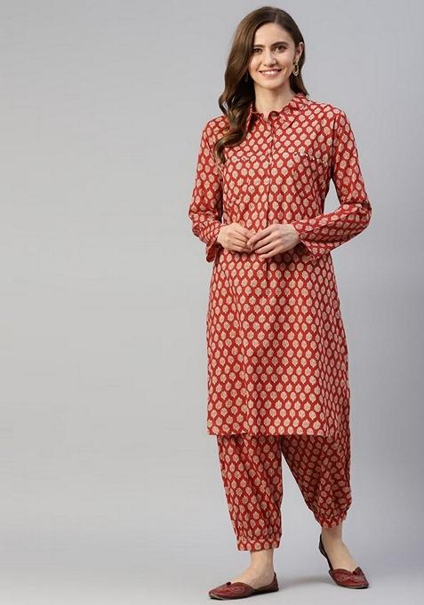 Maroon Printed Cotton Kurta Set