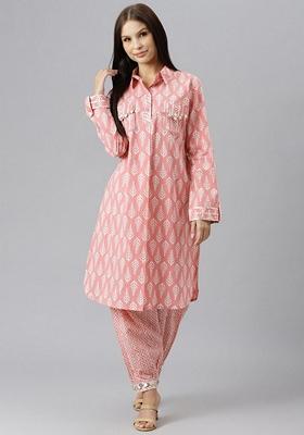 Pink Printed Cotton Kurta Set