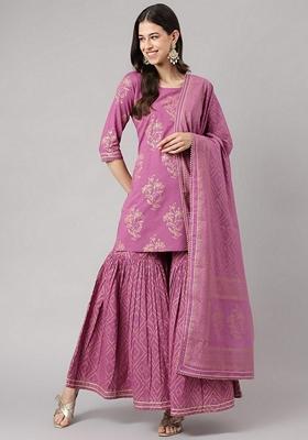 Purple Printed Cotton Sharara Set
