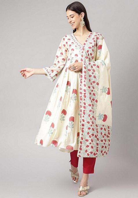 Cream Floral Print Chanderi Anarkali Set