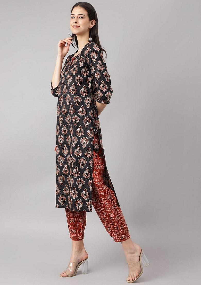 Black Printed Cotton Kurta Set - Indya