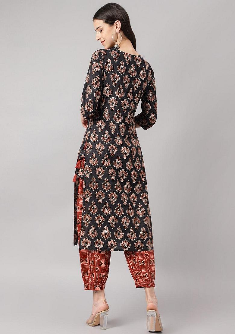 Black Printed Cotton Kurta Set - Indya