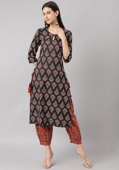 Black Printed Cotton Kurta Set