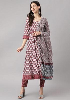 Maroon Printed Cotton Anarkali Set
