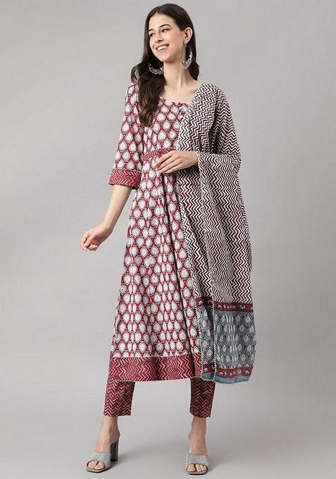 Maroon Printed Cotton Anarkali Set