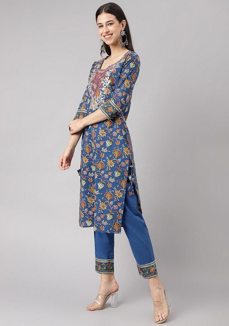 Blue Floral Print Cotton Kurta Set - Indya