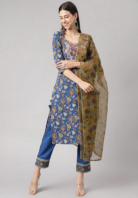 Blue Floral Print Cotton Kurta Set