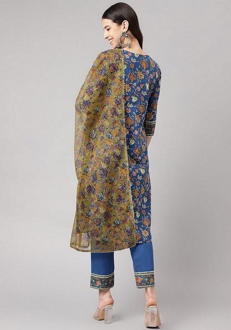 Blue Floral Print Cotton Kurta Set