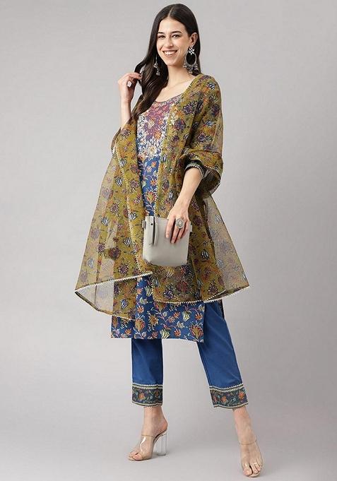Blue Floral Print Cotton Kurta Set