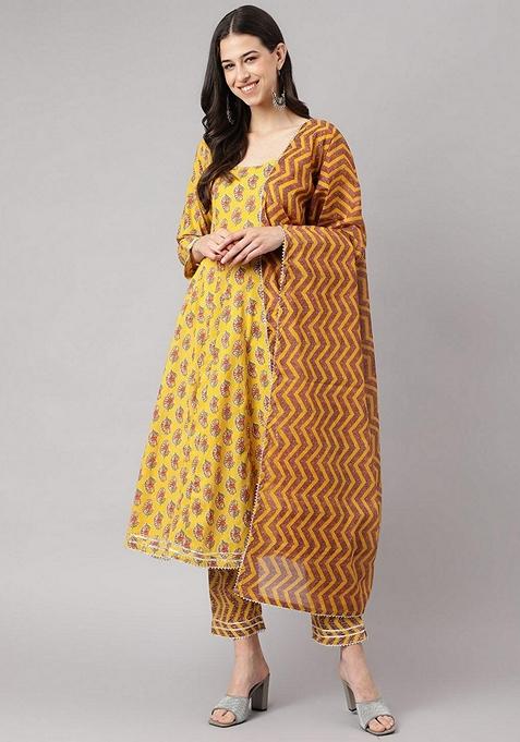 Yellow Printed Cotton Anarkali Set