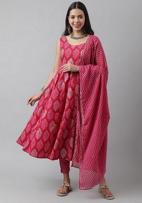 Magenta Floral Print Cotton Anarkali Set