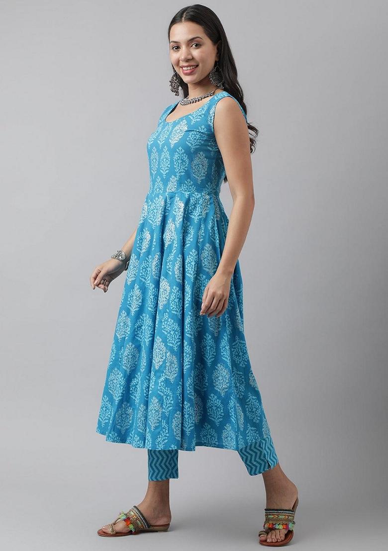 Blue Floral Print Cotton Anarkali Set