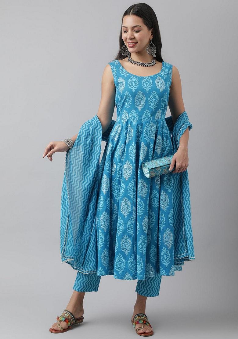 Blue Floral Print Cotton Anarkali Set