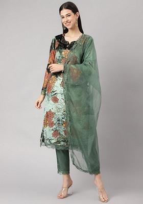 Green Printed Velvet Kurta Set