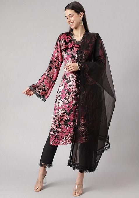 Pink Printed Velvet Kurta Set