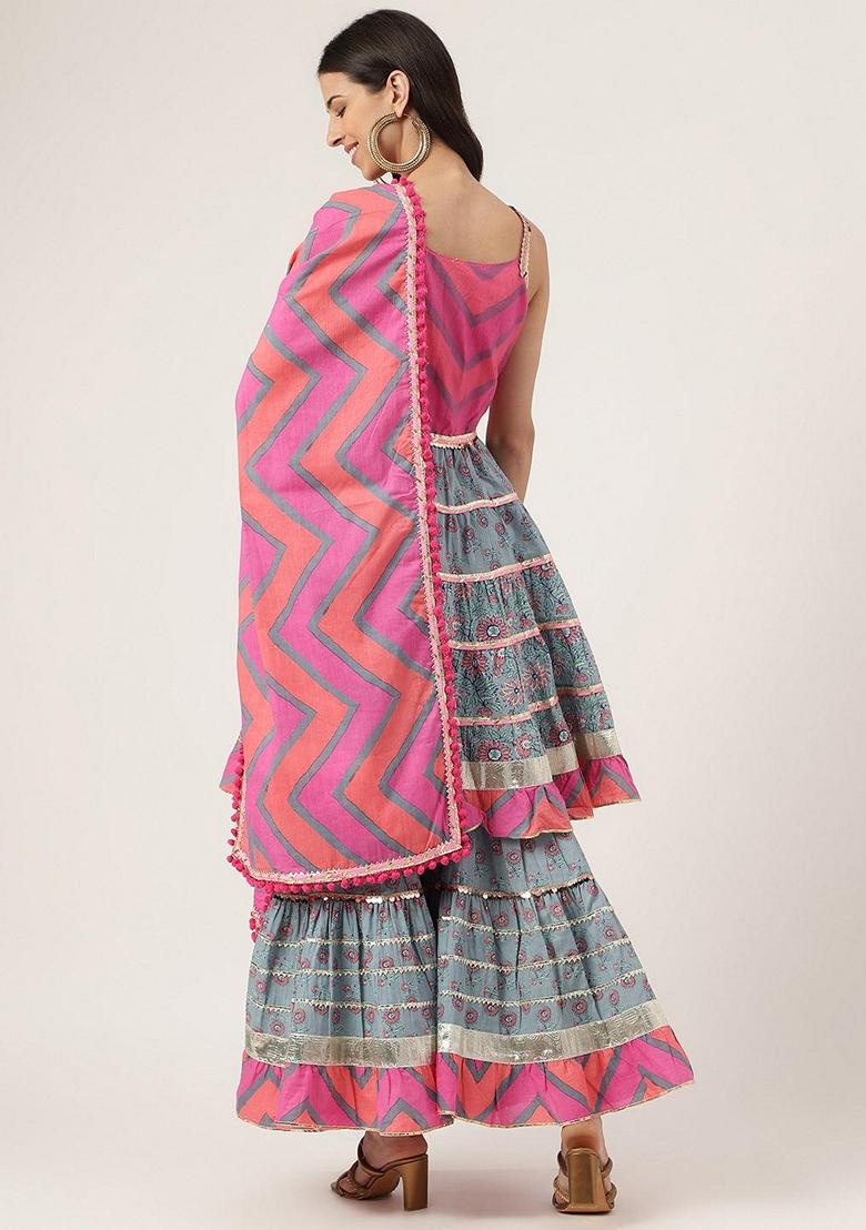 Blue Printed Cotton Sharara Set