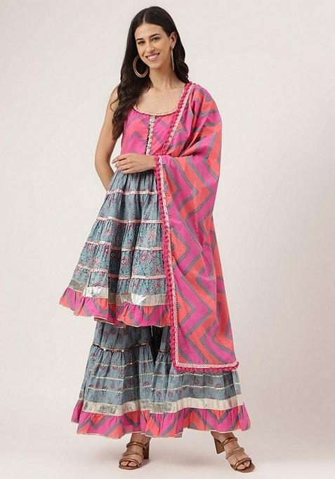 Blue Printed Cotton Sharara Set